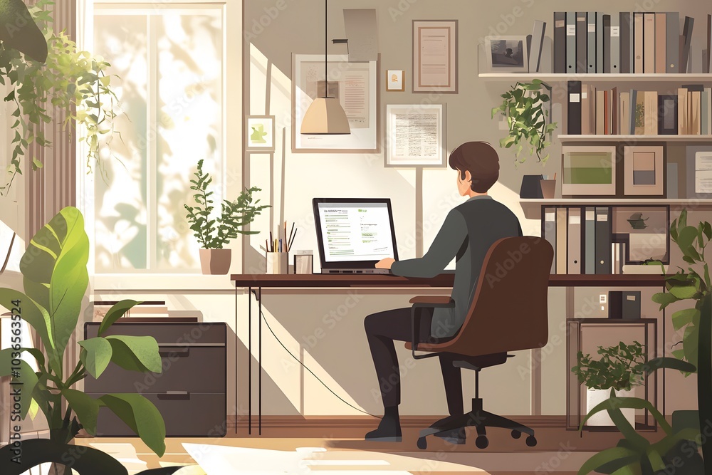 A Person Working at a Desk in a Home Office with Plants and Sunlight A Person Working at a Desk in a Home Office with Plants and Sunlight