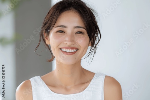 Japanese Woman Smiling Wearing White Sleeveless Top Close Up Portrait Professional Photography Free Download Japanese Woman Smiling Wearing White Sleeveless Top Close Up Portrait Professional Photography - GFXLoad