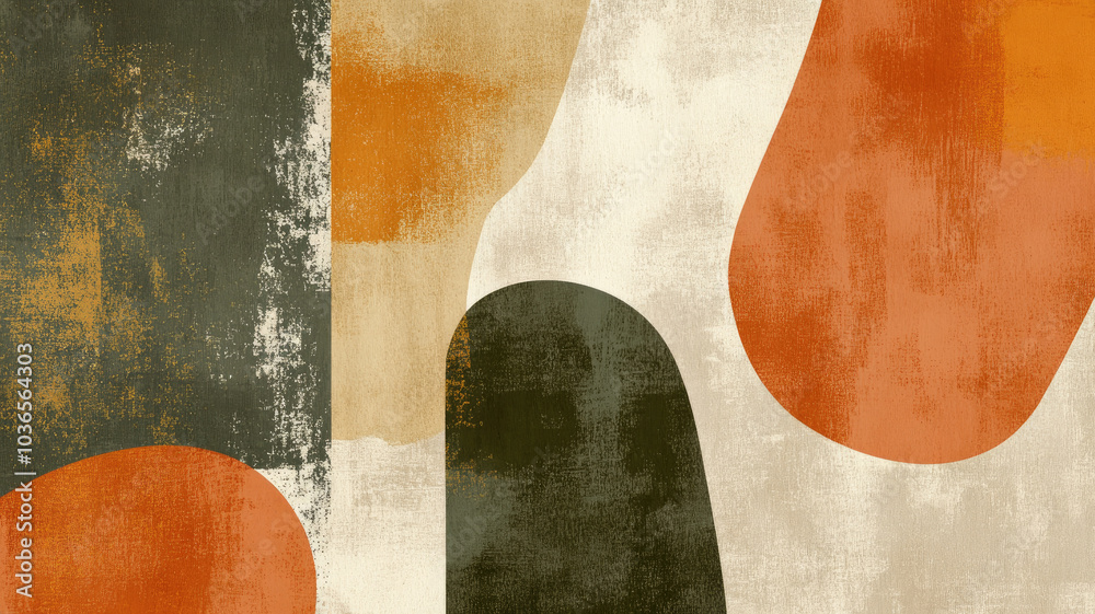 Geometric abstract art with bold shapes in orange and green textured background Geometric abstract art with bold shapes in orange and green textured background