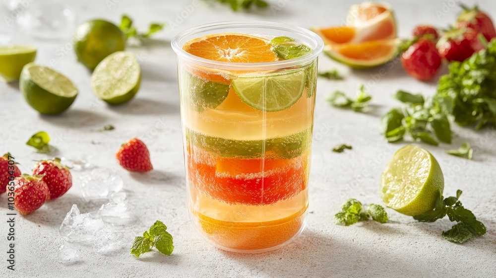 A colorful layered drink with fruits and herbs, served in a clear cup. A colorful layered drink with fruits and herbs, served in a clear cup.