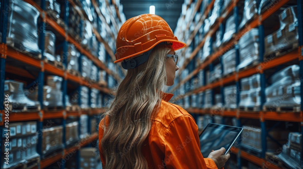 Female Warehouse Worker Using Augmented Reality on Tablet for Inventory Management and Product Visualization in High-Tech Distribution Center Female Warehouse Worker Using Augmented Reality on Tablet for Inventory Management and Product Visualization in High-Tech Distribution Center