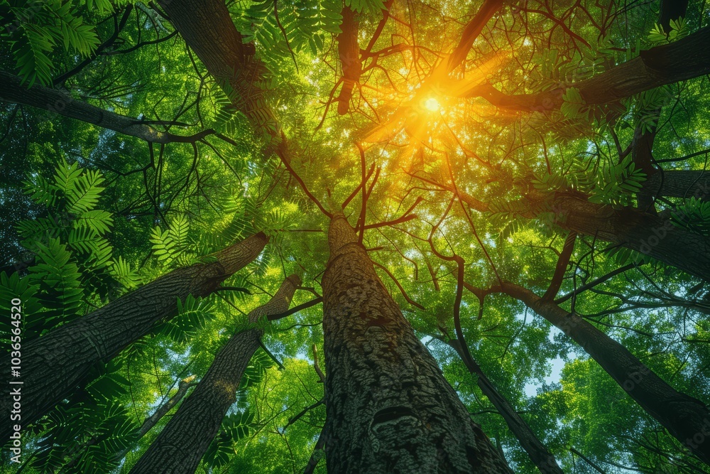 Fototapeta premium Beautiful Green Tree Canopy with Sunlight in Summer, Nature Background, Trees, Verdant, Sun, Refreshing, Environment, Forest, Park, Woods