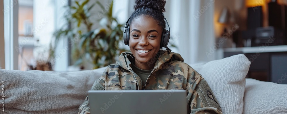 Cheerful female soldier video calling her family on a laptop, Generative AI
