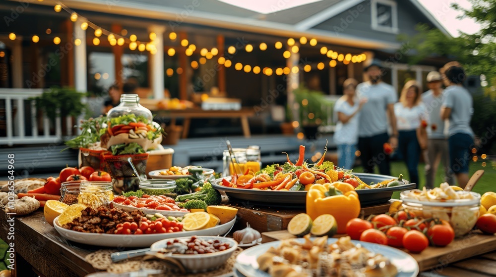 Fototapeta premium Summer Backyard Party with BBQ Food, Fresh Salads, and Families Celebrating with Music, Dancing, and Laughter Outdoors
