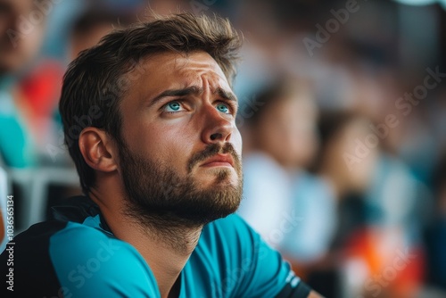 Man looking worried while watching a match at stadium, Generative AI