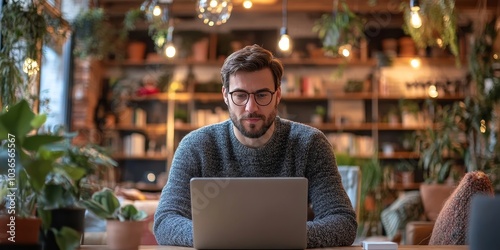 Young businessman working on a laptop in a co-working space, Generative AI