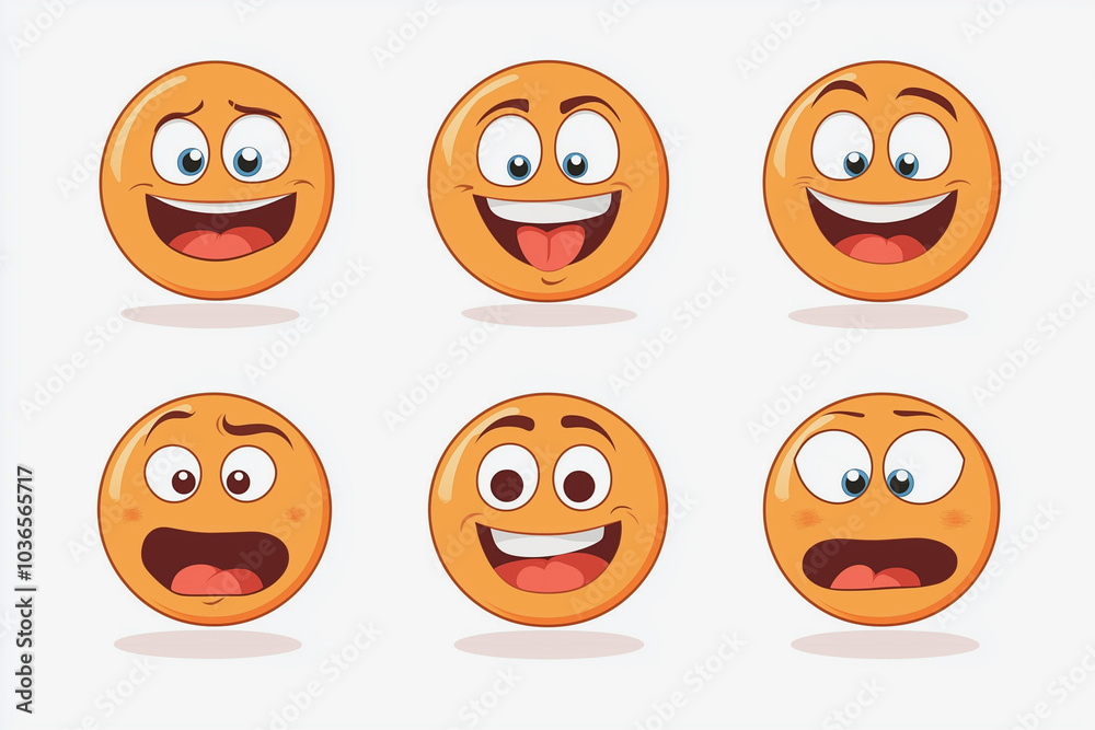 Fototapeta premium set of six cartoon faces with different expressions. The first one is smiling, the second one is laughing, the third one is crying, the fourth one is angry, the fifth one is surprised
