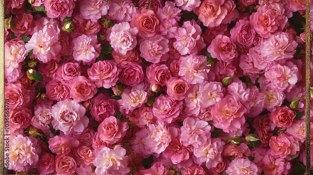 Gold and pink rectangular frame design image. Blooming pink roses. Terry flowers of a rose bush Gold and pink rectangular frame design image. Blooming pink roses. Terry flowers of a rose bush