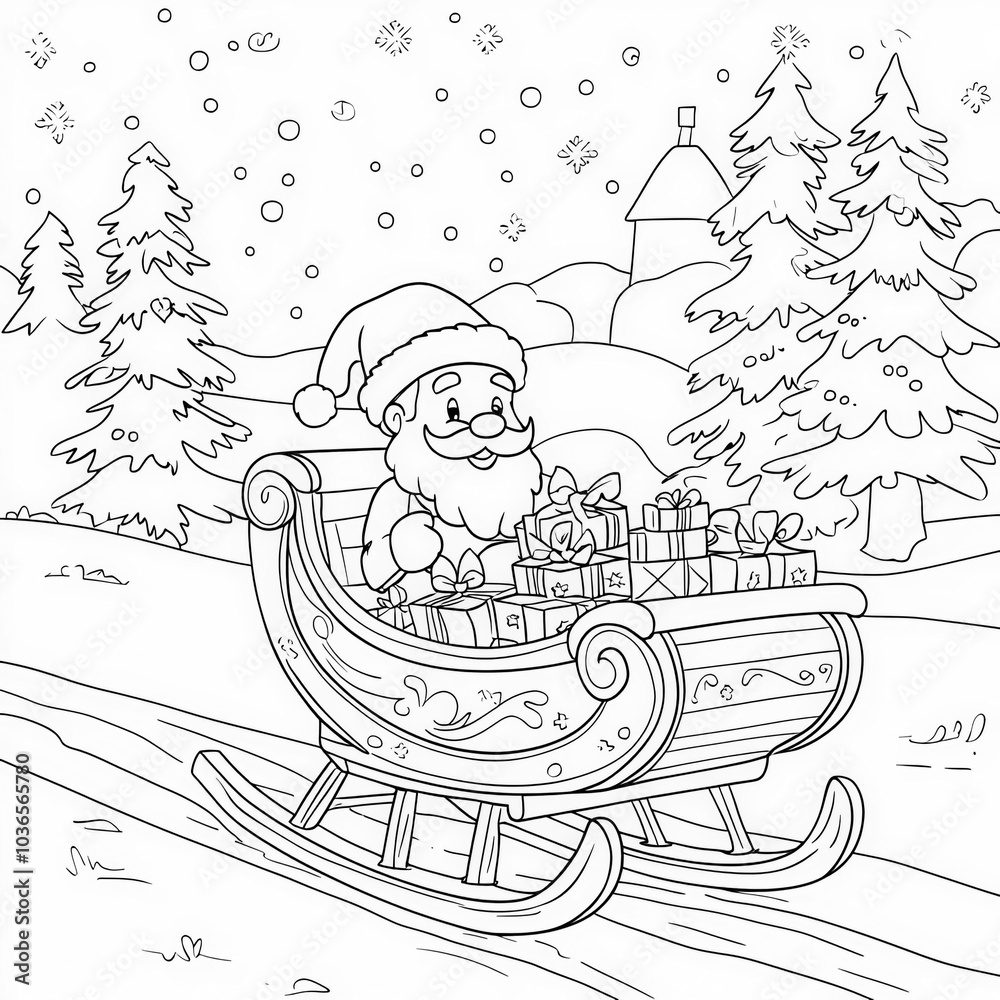Santa??Ts sleigh packed with toys, coloring page for kids, simple outline illustration. Coloring book, simple lines. Santa??Ts sleigh packed with toys, coloring page for kids, simple outline illustration. Coloring book, simple lines.