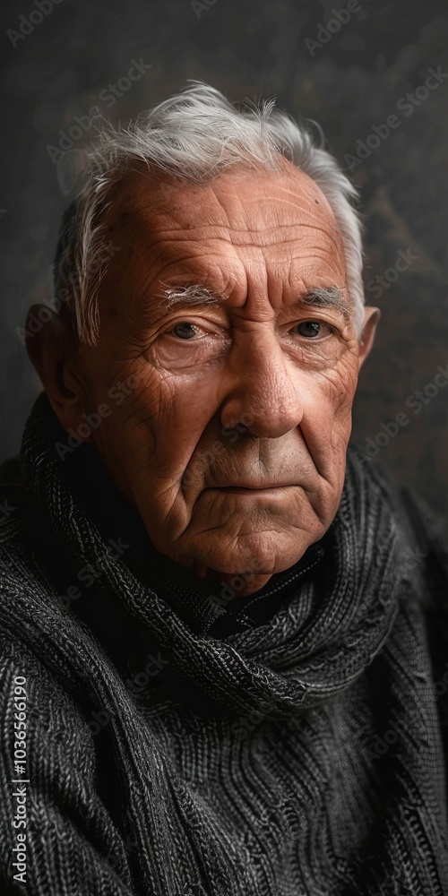 Portrait of an Elderly Man with Thoughtful Expression in Warm Lighting and Textured Sweater Portrait of an Elderly Man with Thoughtful Expression in Warm Lighting and Textured Sweater