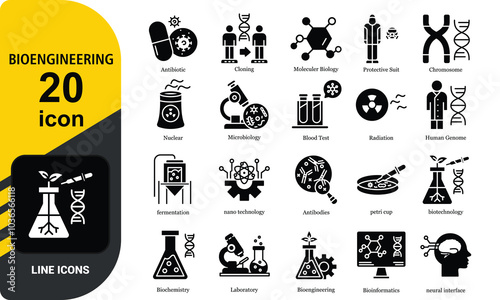 Set of outline icons related to biotechnology, biochemistry, farming, science.  Vector illustration