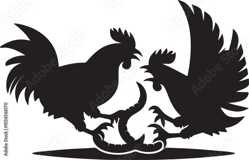 two chickens fight for a worm vector art illustration. isolated on white background