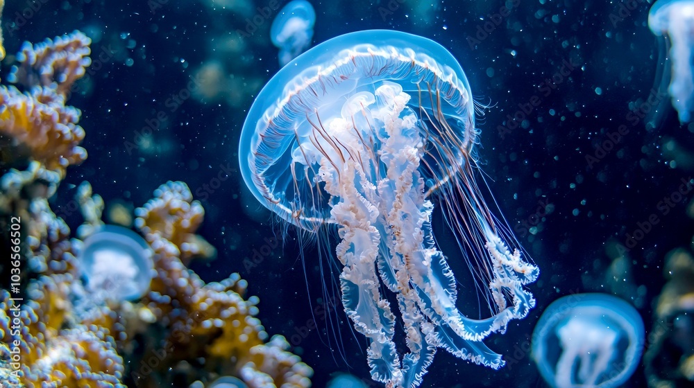 A translucent jellyfish with long tentacles floats in a dark blue ocean with coral in the background.