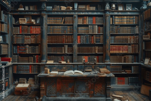 Large Bookcase with Leatherbound Books in Old Library, Displaying Classic and Vintage Lawbooks photo