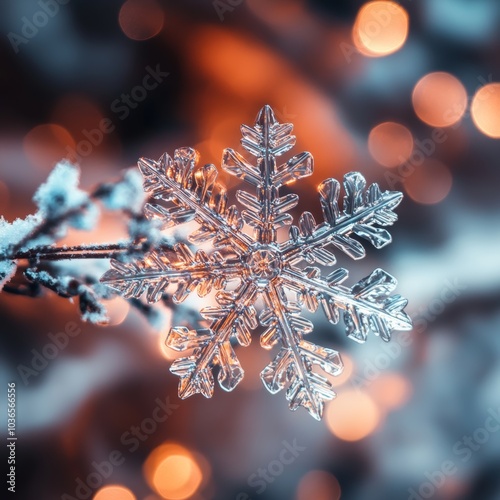 A close-up of a sparkling snowflake, highlighting its intricate design against a blurred background of winter colors photo