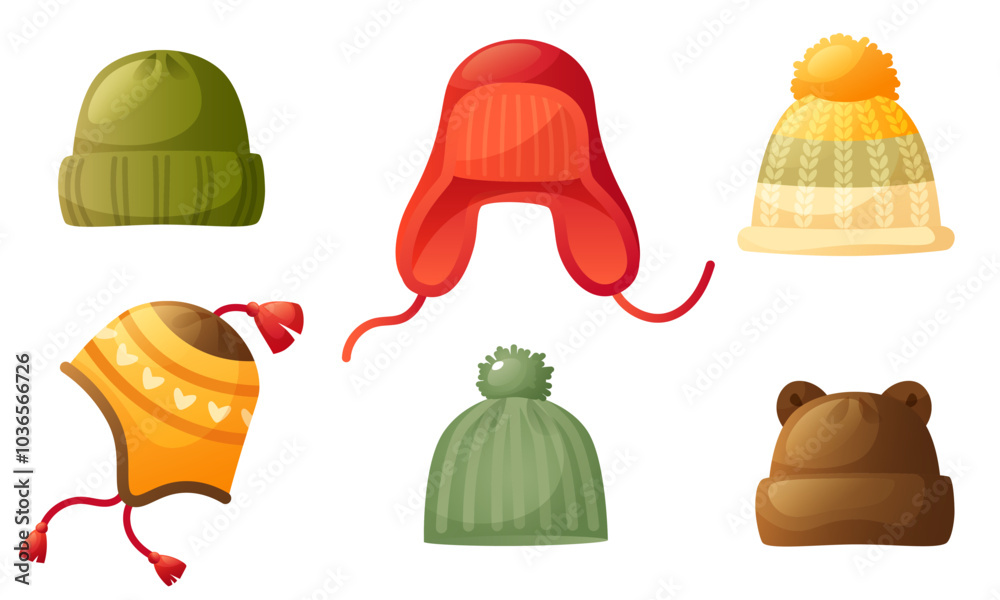 Set of different winter autumn hats. Modern wool knitted hats. Colored and patterned hats. Fashionable hat, warm clothes for cold weather. Ushanka hat, beanie, hat with pompom, with ears. Set of different winter autumn hats. Modern wool knitted hats. Colored and patterned hats. Fashionable hat, warm clothes for cold weather. Ushanka hat, beanie, hat with pompom, with ears.