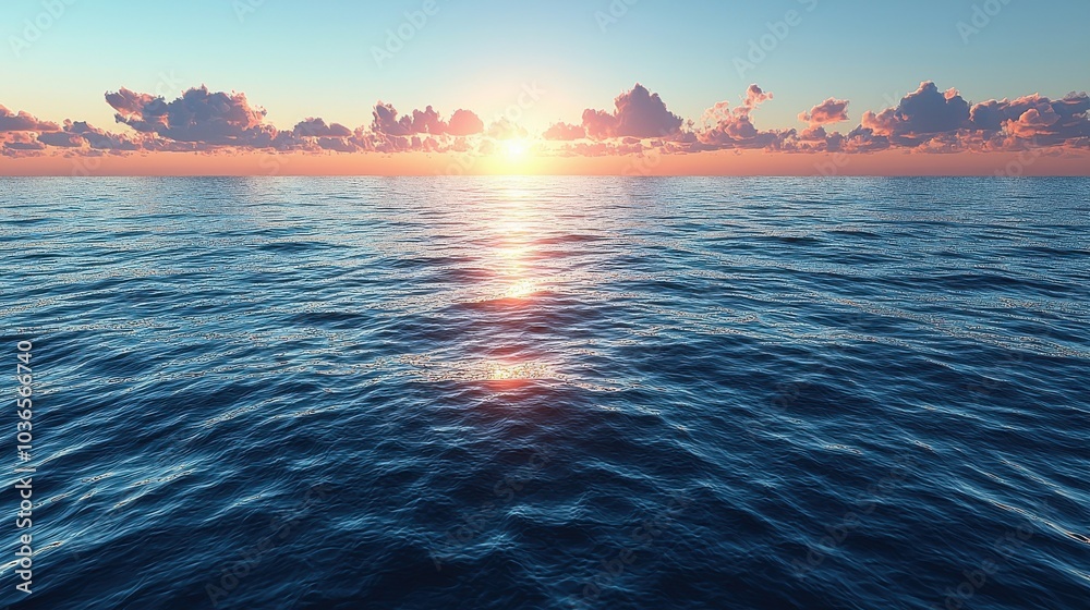 Obraz premium Breathtaking sunset over calm ocean waters with golden reflections on a clear evening sky