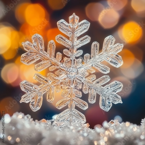 A close-up of a sparkling snowflake, highlighting its intricate design against a blurred background of winter colors photo