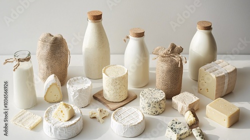 A selection of stylishly packaged plant-based dairy alternatives, including cheeses, milks, and yogurts, presented against a clean white backdrop.