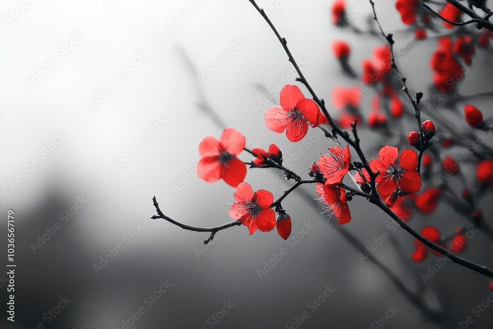 Red blossoms bloom on branches against a soft, blurred monochrome background in early spring Red blossoms bloom on branches against a soft, blurred monochrome background in early spring