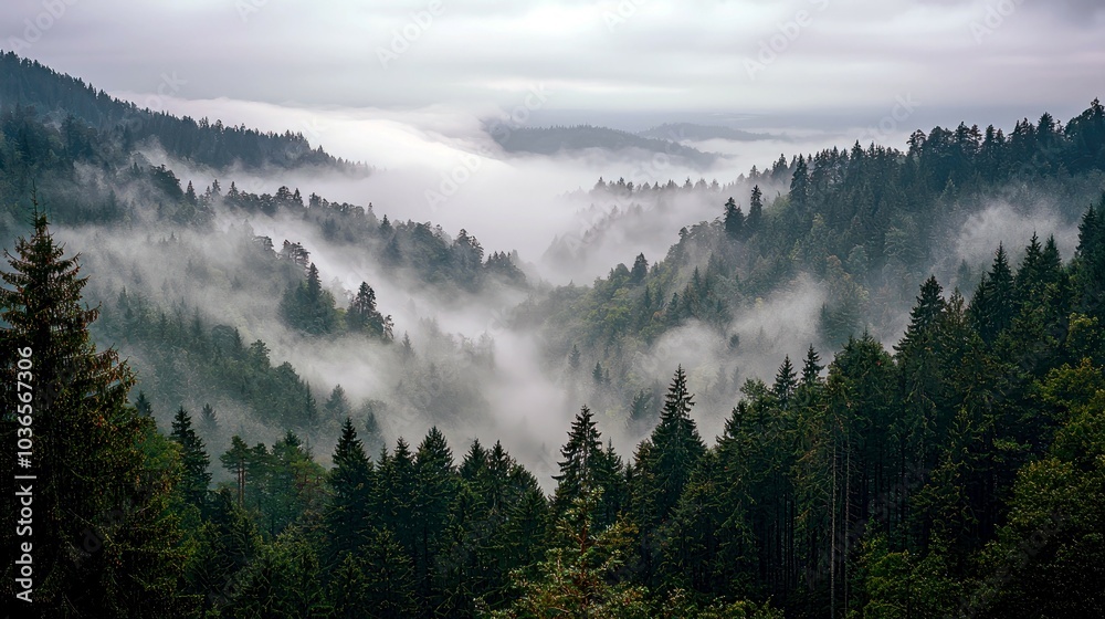 Obraz premium A valley filled with fog, surrounded by dense pine trees.