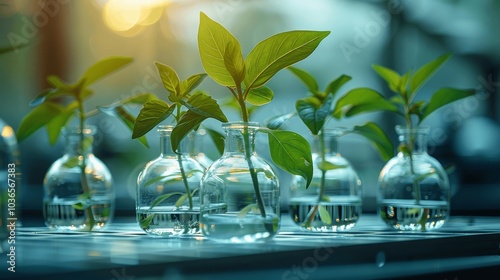 Green Plants in Glass Beakers Under Laboratory Light Studying Organic Growth and Biotechnology