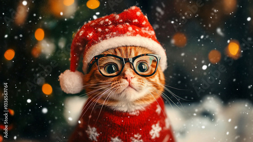 christmas portrait of a cat wearing eyeglasses 