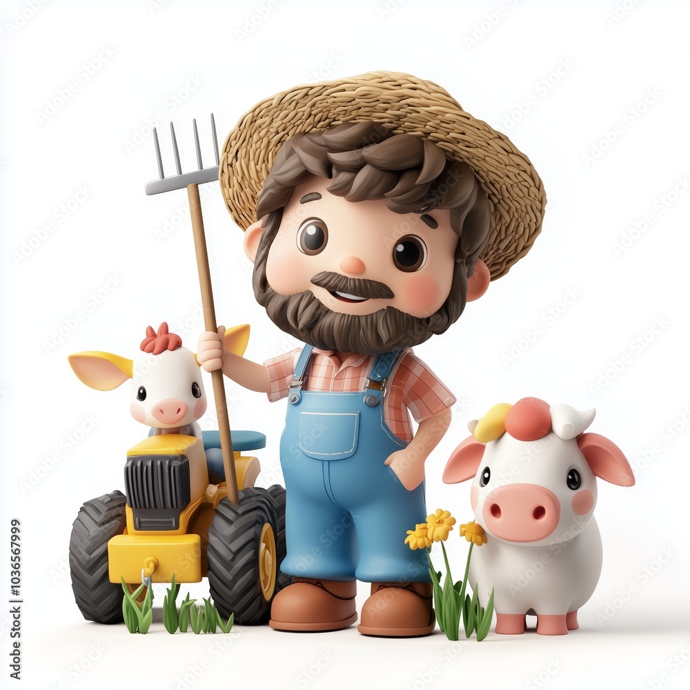 Fototapeta premium Playful 3D Farmer with Tractor and Animals