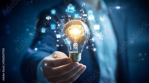 Businessman holding light bulb and brain network with icon business and technology, innovative in futuristic, network connection on interface background, abstract, innovation and technologies. 