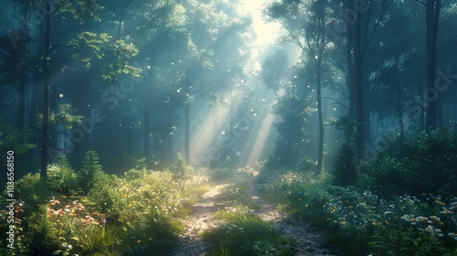 Enchanted Forest Path: Sunbeams Through Mist