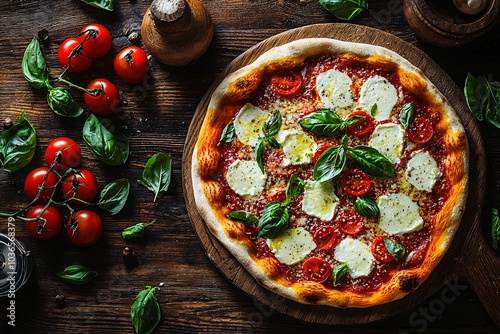 Savory cheese-topped flatbread and toppings resting on a rustic table.