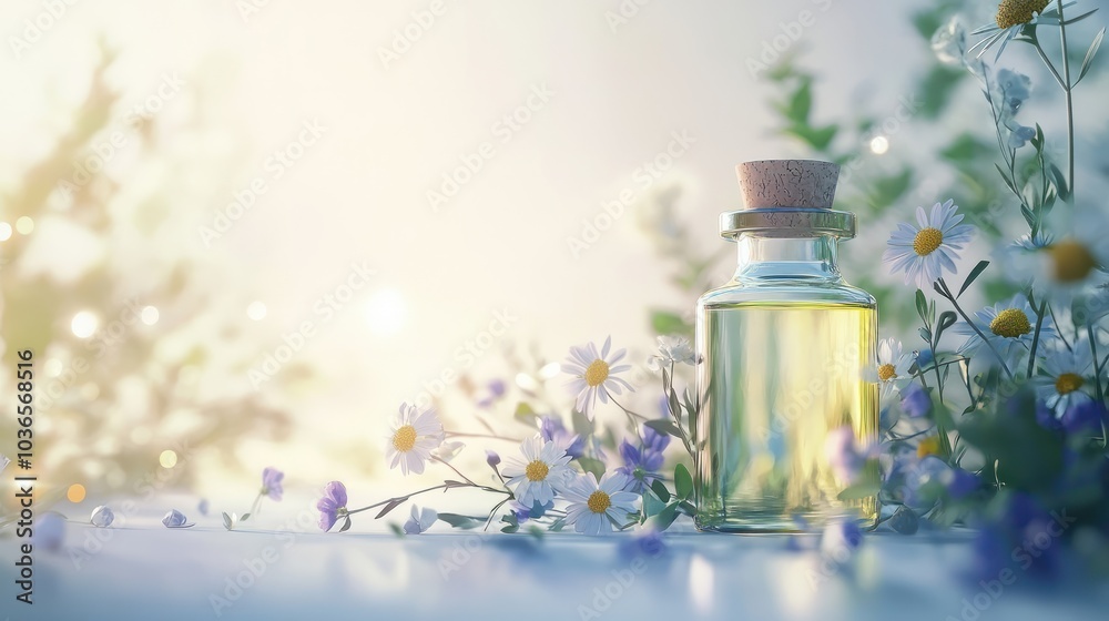 Bottles of essential oils with wildflowers on light background. Copy space Bottles of essential oils with wildflowers on light background. Copy space