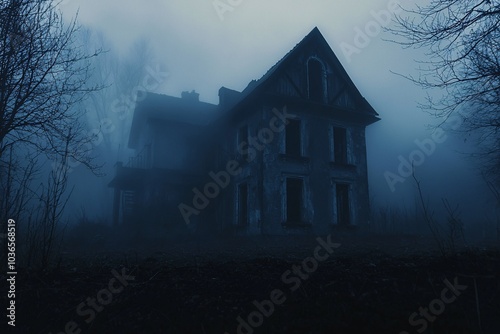 An ominous, neglected dwelling shrouded in mist, with shattered windows and a slightly open door, beckons secrets and spine-tingling stories.