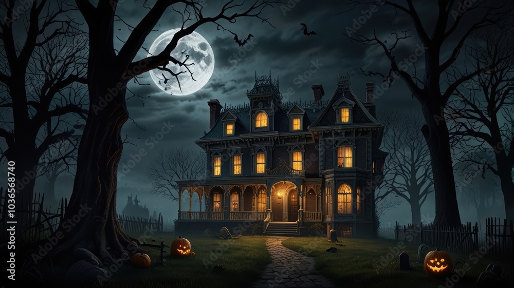 Fototapeta premium A spooky Victorian mansion stands in the dark woods under a full moon, with pumpkins and graves scattered around.