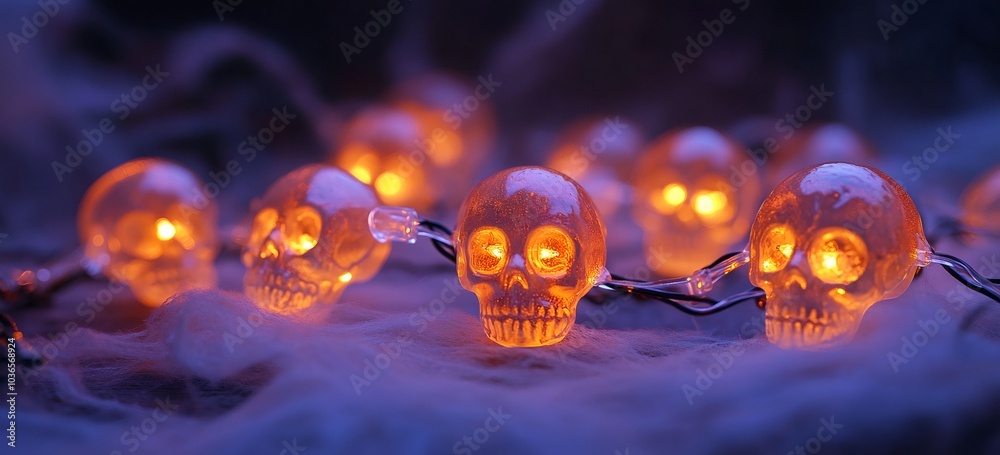 holiday string lights, Halloween skull and ghost string lights on a dark background with orange and purple lighting for a spooky look holiday string lights, Halloween skull and ghost string lights on a dark background with orange and purple lighting for a spooky look