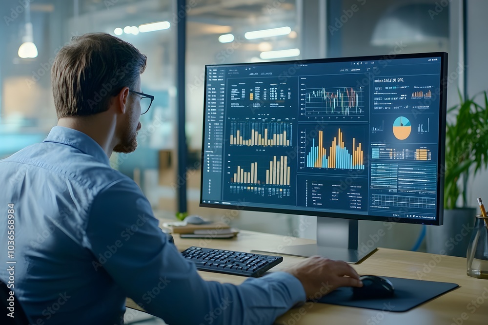 Man Analyzing Data and Charts on Computer Screen Man Analyzing Data and Charts on Computer Screen