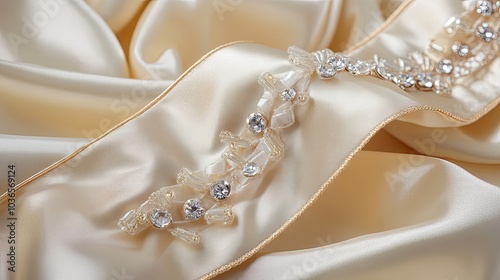 Close-up of a Beaded Trim on Cream Satin Fabric