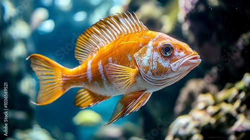 A vibrant orange and white fish with a distinctive white spot on its eye swims through a blue and green aquatic environment, with coral and other fish visible in the background.