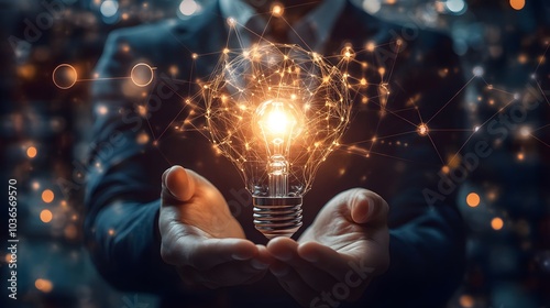 Businessman holding light bulb and brain network with icon business and technology, innovative in futuristic, network connection on interface background, abstract, innovation and technologies. 