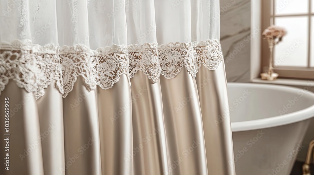 A White Bathtub with a Beige Curtain with Lace Detail A White Bathtub with a Beige Curtain with Lace Detail