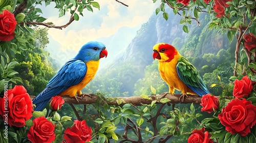 Garden Gathering: Two red and blue birds happily sitting on a weathered table, framed by lush red roses, set in a beautiful garden
