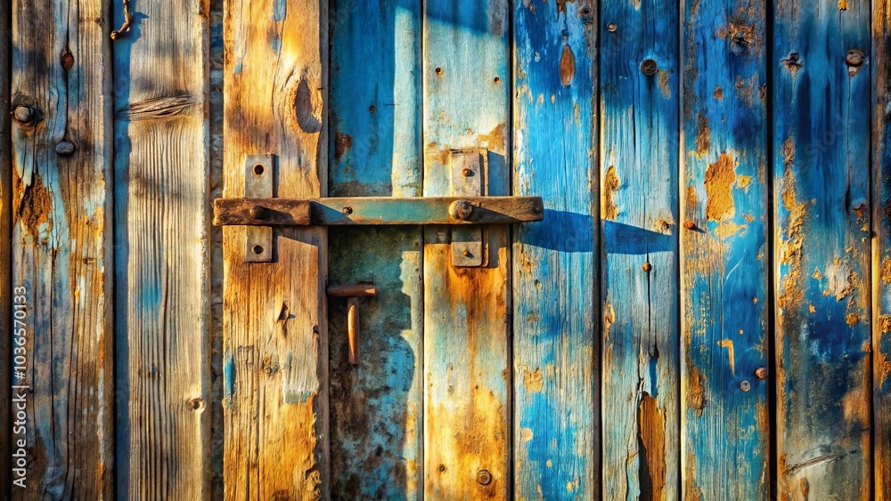 A Close-Up View of Weathered Wooden Boards with a Rusty Metal Latch, Showing the Passage of Time and the Beauty of Natural Decay A Close-Up View of Weathered Wooden Boards with a Rusty Metal Latch, Showing the Passage of Time and the Beauty of Natural Decay