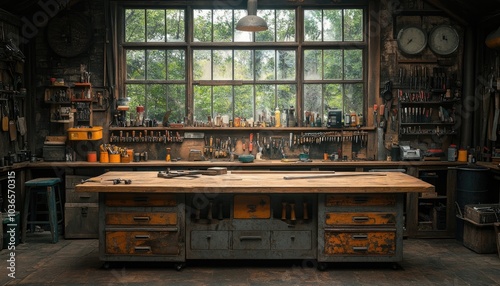 Old workbench with tools and wood. This photo can be used for projects related to craftsmanship, carpentry, or DIY. photo