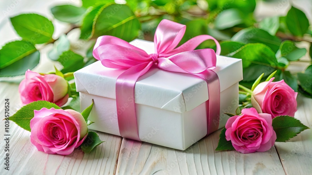 A Delicate White Gift Box Wrapped in a Pink Ribbon Surrounded by Blooming Roses on a Smooth Wooden Surface A Delicate White Gift Box Wrapped in a Pink Ribbon Surrounded by Blooming Roses on a Smooth Wooden Surface
