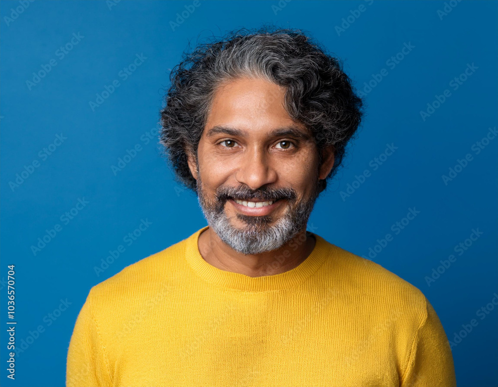 Obraz premium Portrait of Mature Handsome Man Happily Smiling Against Blue Studio Background