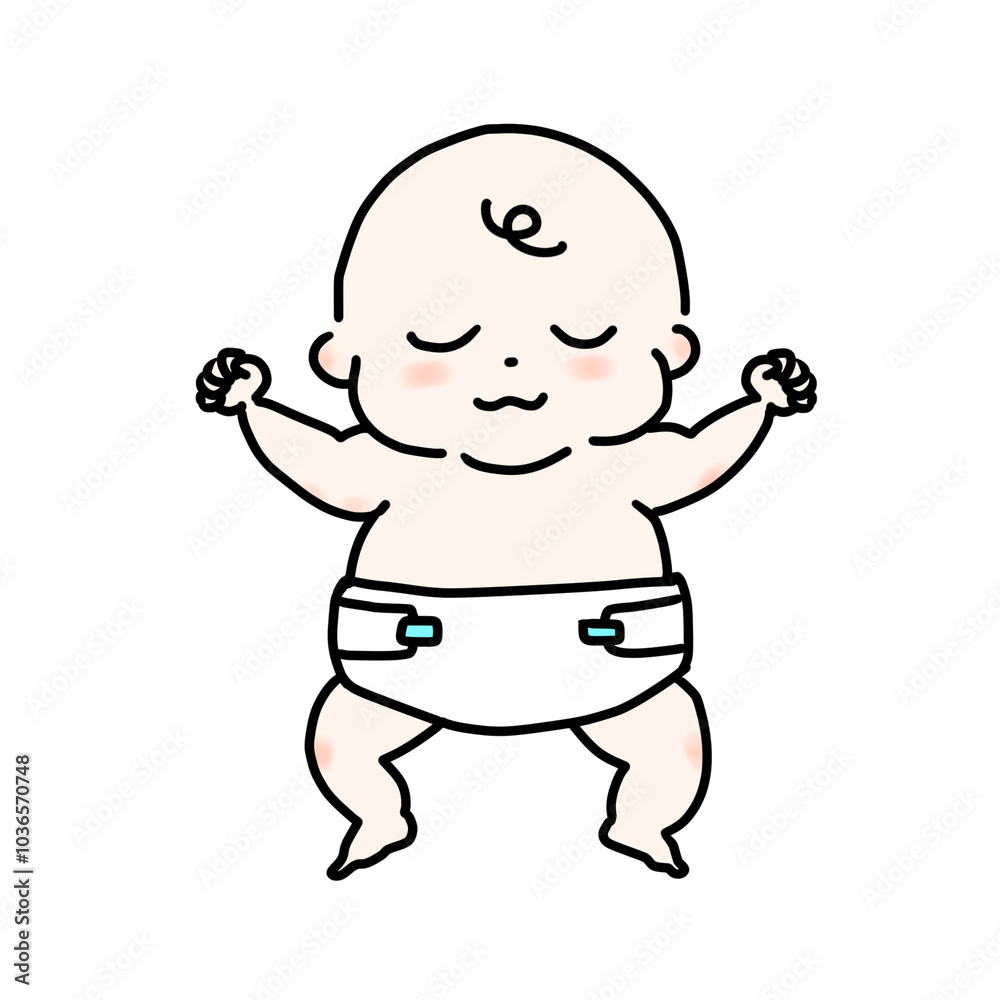 An adorable illustration of a baby in a diaper who sleeps comfortably in a large shape with her hands up. An adorable illustration of a baby in a diaper who sleeps comfortably in a large shape with her hands up.