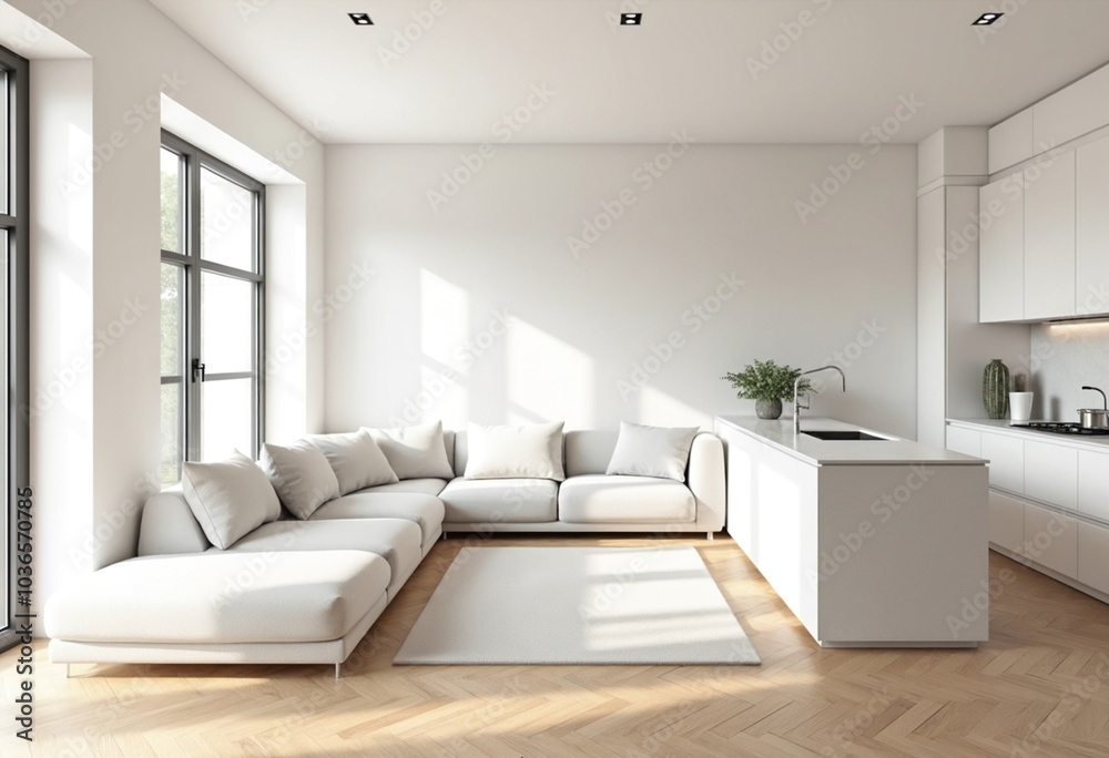 Italian style interior of a living room and kitchen in white with a wooden floor, a large sofa near a window Italian style interior of a living room and kitchen in white with a wooden floor, a large sofa near a window