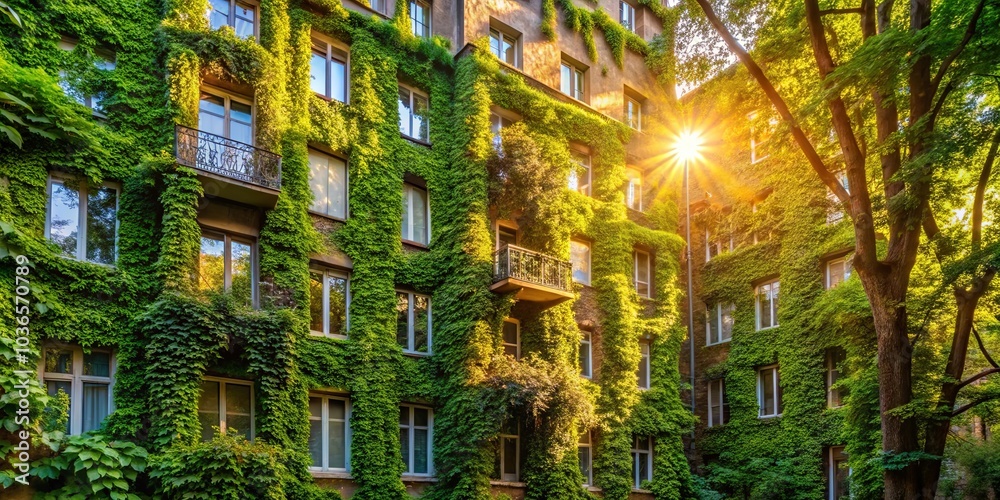 Obraz premium Sunbeams through the leaves illuminate the facade of a building adorned with a cascading tapestry of greenery