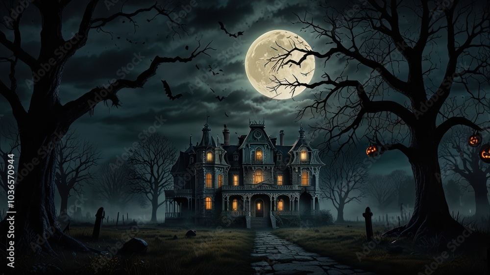 A spooky haunted house stands in the middle of a graveyard under a full moon with bats flying overhead. A spooky haunted house stands in the middle of a graveyard under a full moon with bats flying overhead.