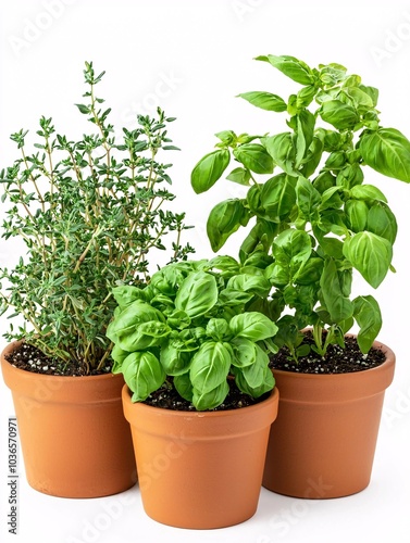 A collection of vibrant herbs in earthy pots adds a touch of nature to any kitchen and enhances culinary creations.